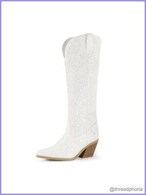 IDIFU Glitter Sequin Knee-High Cowboy Boots Womens Pointed Toe Block Heel Side